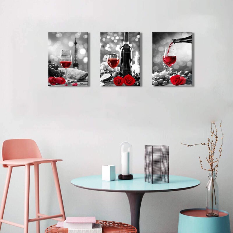 KAKEMONO Wine Decor Kitchen Canvas Art Red Wine Rose Artwork for Home Walls Black and White With Red Wine Painting Printed Rose Art Dining Room Decor Red Kitchen Pictures Wall Decor Stretched 12x16inches x3pcs - Image 3